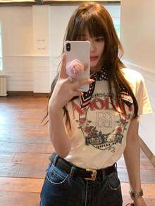 Round-Neck Short-Sleeve T-Shirt, Summer New Rose Pattern With Letter Print, Fashionable Casual Loose Women's Top - White - View 1