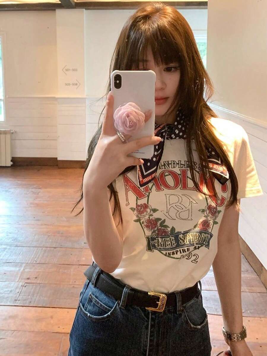 Round-Neck Short-Sleeve T-Shirt, Summer New Rose Pattern With Letter Print, Fashionable Casual Loose Women's Top - White - View 1