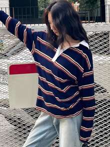 DAZY Áo thun tay dài kẻ sọc khối màu dáng rộng dành cho nữ, áo chui đầu thường ngày cho mùa xuân/hè, quần áo mùa thu - Màu xanh hải quân - Xem 2
