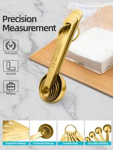 Teaspoon Tablespoon Measuring Spoons: Stainless Steel Baking & Cooking Measure Scoop Set Of 6, Metal Kitchen Measurement Utensil For Dry And Liquid Ingredients - Gold - View 3