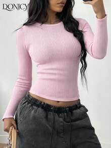 DONICY Damen rosa tailliertes Crop Top, Rundhalsausschnitt Langarm, eleganter, süßer minimalistischer Stil, geeignet für Outdoor-Aktivitäten, Lässig Kleidung, Büropendeln, Feierlichkeiten im Frühling und Herbst - Pink - Übersicht 7