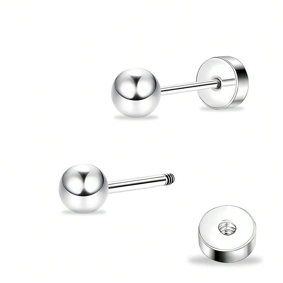 ZDE Women Flat Back Ball Stud Earrings Titanium Hypoallergenic Earrings Stud For Sensitive Ears Simple Classic 3mm-5mm Flat Stud Earring Perfect For Helix Tragus Cartilage Earlobe,3MM,Silver - Silver - 查看 1