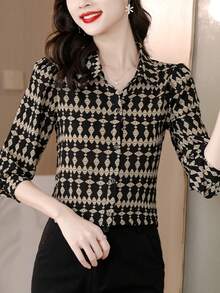 YUXIN 女士春夏复古几何印花衬衫，翻领长袖，日常通勤/轻度社交场合，透气修身时尚休闲上衣，黑色 - 黑色 - 查看 7