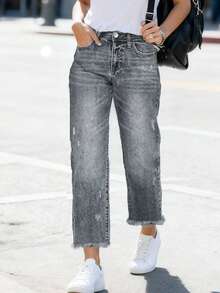 Comfortable Loose Fit Stretchy Distressed Washed Blue Frayed Hem Straight Leg Jeans For Women, Street Style Casual Spring - Grey - View 5