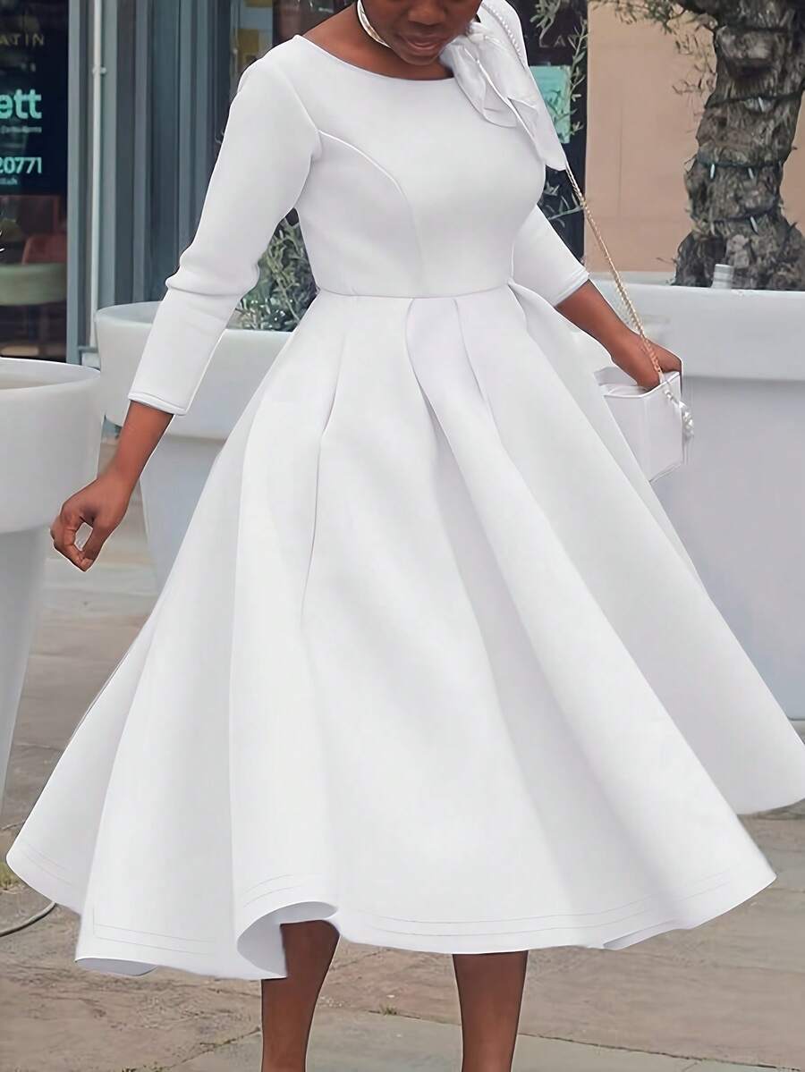 Elegant White Midi Dress For Women Round Neck Three Quarter Sleeve Knitted Fabric Flared Hem Pleated A Line Fit And Flare - 白色 - 查看 1