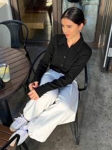 Livesso Blusa de punto acanalado con botones, ropa de otoño para mujer de manga larga - Negro - Ver 5