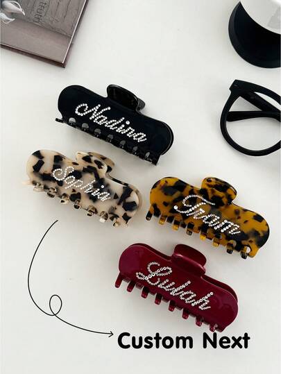 名入れ楕円形スクエアクロージャークリップ、カスタムラインストーンヘアクロー5文字、カスタマイズ可能なカラーヘアアクセサリー