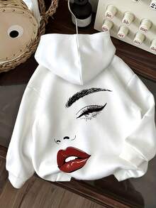 Valentine Outfits For Women/Men Winter Bestsellers [Circle Direction] [35% Cotton Hoodie Sweatshirt] Aesthetic Pi! Bold Eye & Lip Graphic Artworks Women's 35% Cotton Long Sleeve Letter Print Drawstring Hoodie - Soft, Casual, Long Sleeve, Kangaroo Pocket, Loose Fit Women's Sweatshirt - Fashionable Clothing, Machine Washable, Autumn Winter Fleece Lined Supple Cozy Sweatshirt - 白色 - 查看 9