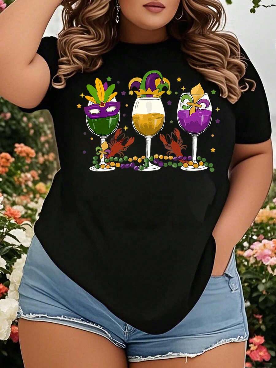Mardi Gras Wine Glass And Crawfish Design Plus Size T Shirt Women Casual Festive Party Wear For Carnival Celebration - màu đen - Xem 1