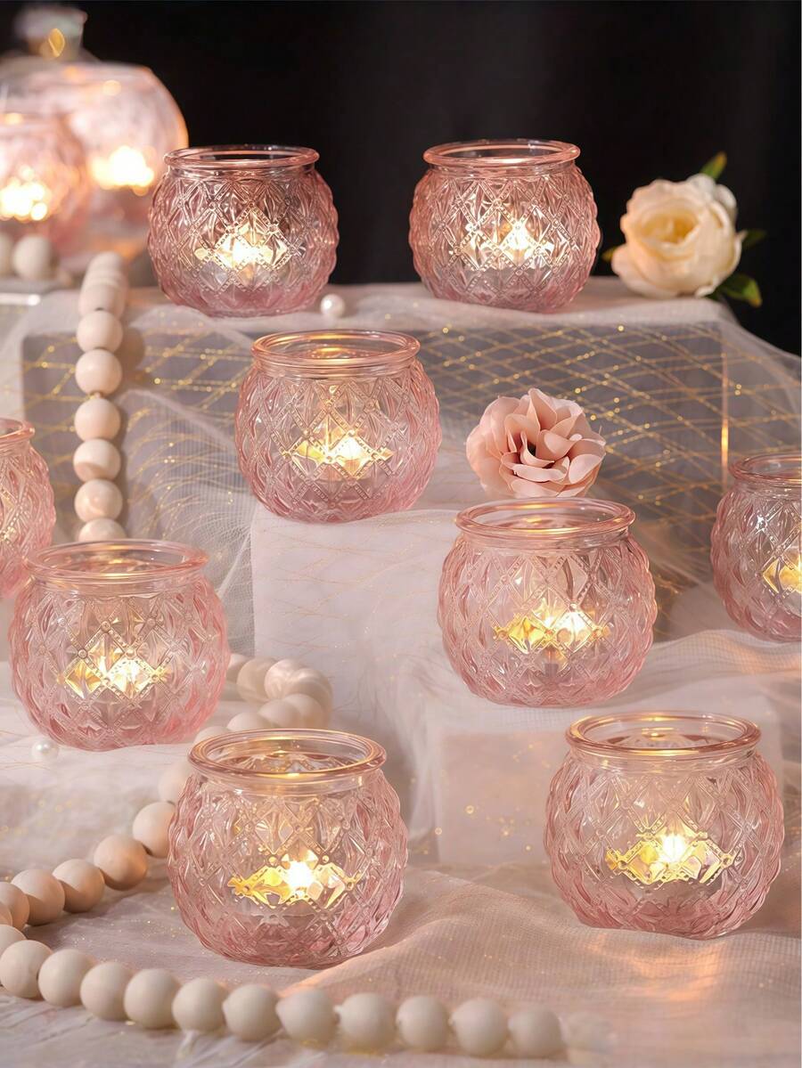 Bộ 6/12 chân nến màu hồng, chân nến tealight thủy tinh màu hồng, thích hợp trang trí bàn tiệc cưới, tiệc cô dâu, tiệc trà phong cách Boho, quà tặng tiệc cưới, trang trí nhà cửa, trang trí tiệc màu hồng, Ngày Valentine.