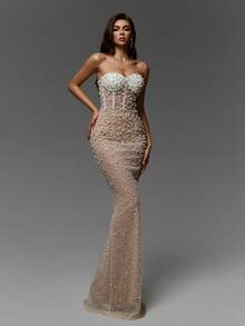 新款优雅无肩带珍珠礼服，奢华收腰长裙，适合圣诞节、新年、毕业典礼、订婚和婚礼等正式场合。 - 白色 - 查看 1