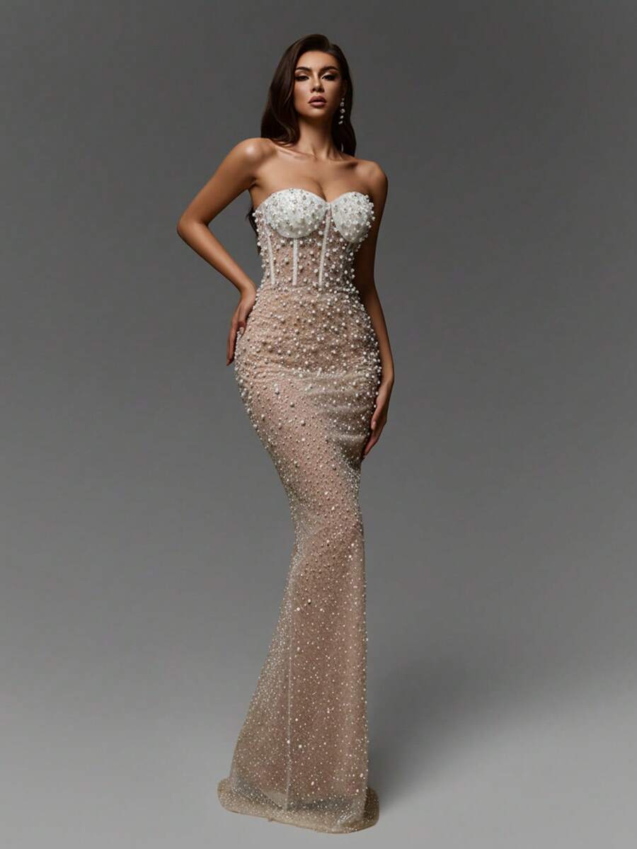 新款优雅无肩带珍珠礼服，奢华收腰长裙，适合圣诞节、新年、毕业典礼、订婚和婚礼等正式场合。 - 白色 - 查看 1