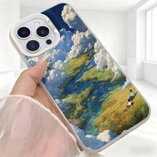 Cubierta de telefono con diseño de paisaje natural azul y verde con nubes y rios para iPhone 14 Pro Max estilo artístico ideal para uso diario en cafeterias y salones - Negro - Ver 5