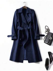女士百搭优雅秋冬风衣，时尚通勤休闲长款风衣，英伦风中长款外套 - 藏蓝色 - 查看 4