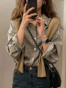 女士休闲格子长袖衬衫，纽扣前襟落肩上衣，常规版型梭织面料