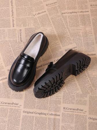 Plus Size Women's Black Leather Shoes, Thick Sole, British Style, JK Uniform Shoes, Anti-Slip, Platform, Thermal Lined, Loafers, High Heel