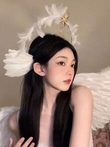 一套白色天使仙女翅膀羽毛双层发带套装，节日派对服装配饰，女士服装套装道具，发饰，舞台表演服装道具，情人节派对角色扮演婚礼羽毛翅膀道具 - 彩色 - 查看 8