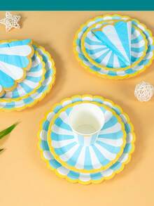 Blue & White Striped Petal-Shaped Disposable Plates, Napkins, Cups - Party Supplies For 25 Guests, Disposable Paper Plates Suitable For Birthday, Wedding, Party, Family Picnic - Multicolor - View 4