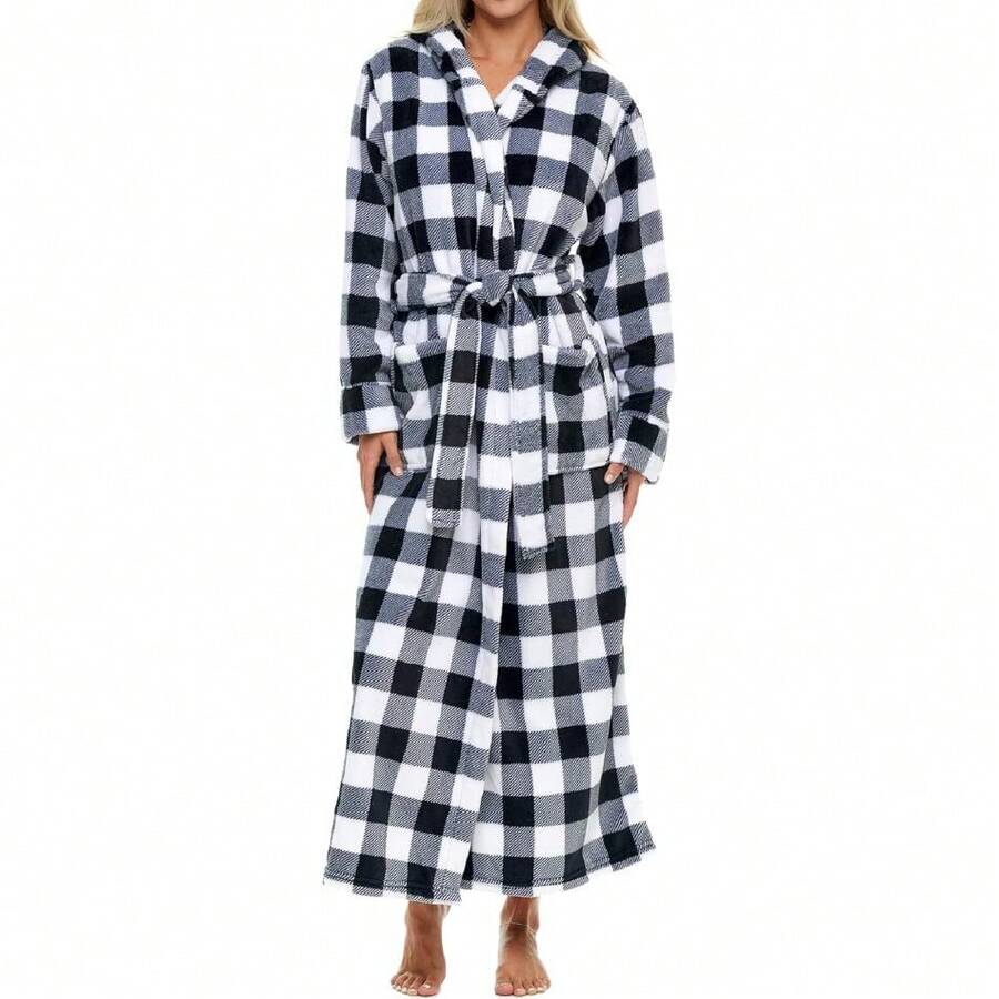 Womens Robe, Long Plush Bathrobe With Hood, Hooded Robes For Women Plus Size Bath Robe,31371247 - 黑色 - 查看 1