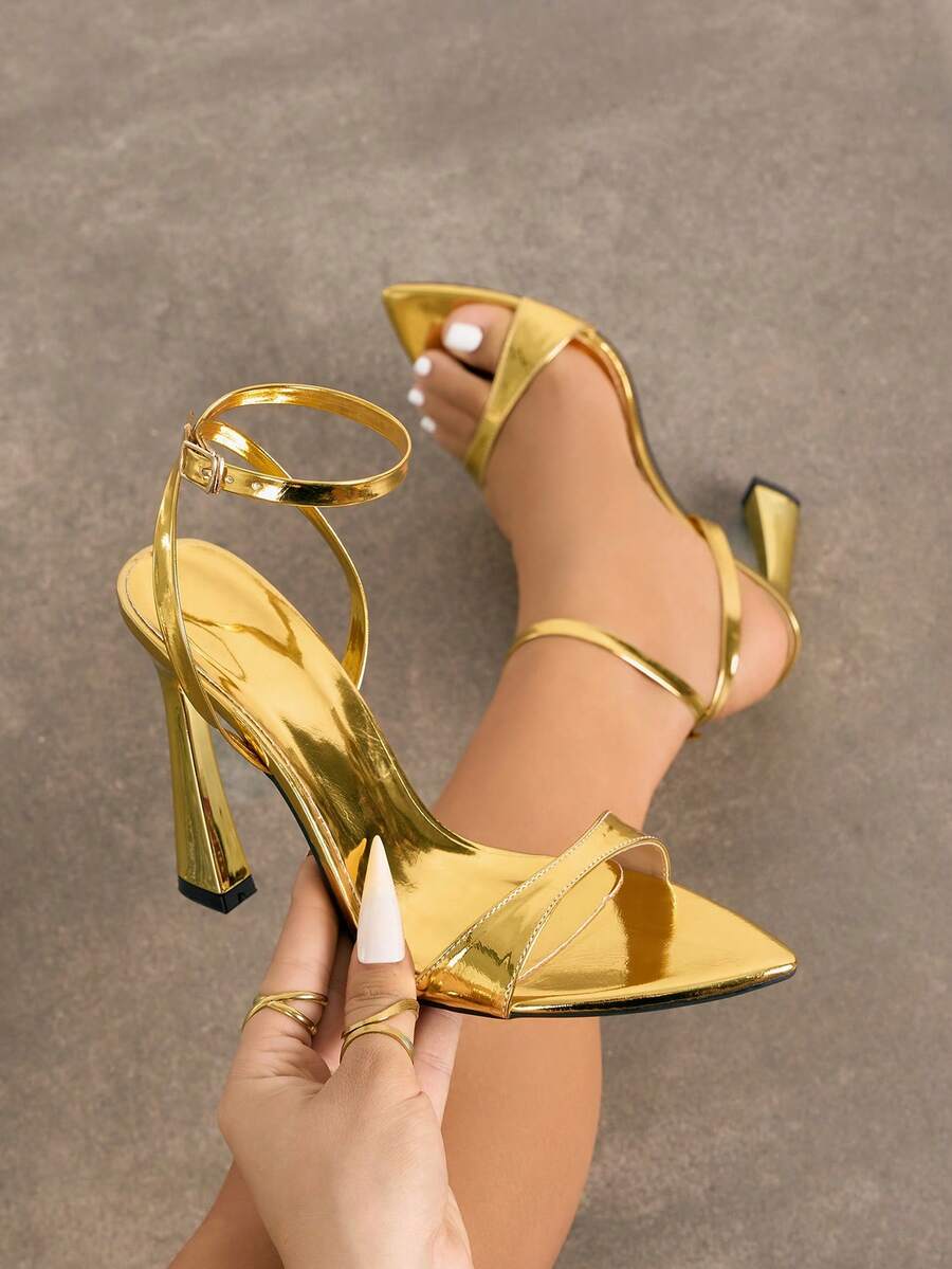 Jin Bei Qi 女士高跟鞋，适合春夏派对、户外活动、时尚场合和宴会。粗跟、尖头、亮面漆皮、踝带设计、可调节踝扣，优雅时尚，金色，舒适稳固，是舞厅舞蹈和派对的理想之选。