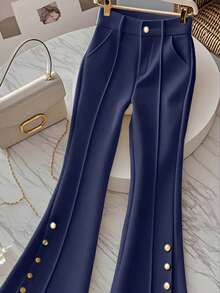 Pantalon évasé à taille haute polyvalent pour le travail quotidien, de couleur unie, avec bouton et fermeture éclair, amincissant pour femmes - Bleu marine - Voir 6