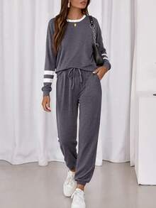 PRETTYGARDEN Women Fall 2 Piece Lounge Outfit Long Sleeve Tops High Waisted Jogger Pants Set Spring Travel Clothes Tracksuit New Years Valentine Vacation Outfit For Women - 深灰色 - 查看 3