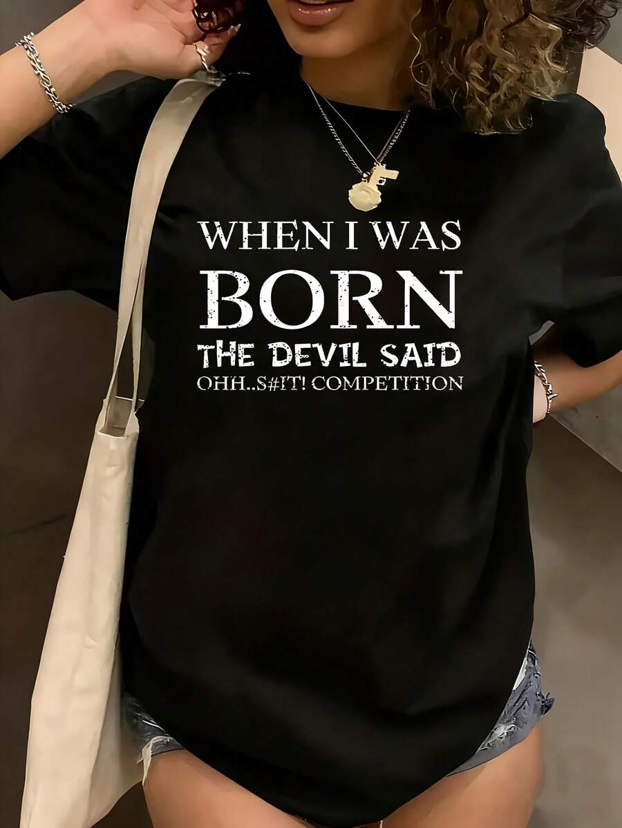 When I Was Born The Devil Said Women's Plus Size T-Shirt Shirt Casual 220g Funny Oversized Graphic Short Sleeve 1 Pcs Tee Novelty Crew Neck Top 100% Polyester - 黑色 - 查看 1