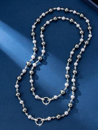 1条优雅长款灰色珍珠毛衣链项链，女士时尚高端叠戴项链，适合派对佩戴