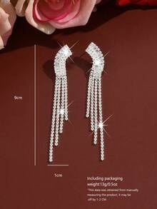 1 Pair Fashionable Copper Chain Snake Shaped Long Tassel Crystal Dangle Earrings, Chic Style For Women Party - Silver - View 7