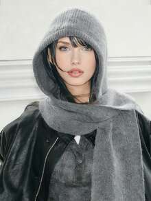 1 pezzo Berretto balaclava da donna di colore unito, cappello lavorato a maglia spesso e caldo con protezione per le orecchie, set elegante e casual retrò di berretto e sciarpa versatile, adatto per uso all'aperto, sci, ciclismo, viaggi, feste, uso quotidiano in autunno/inverno