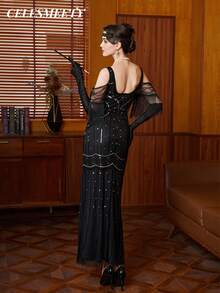 Plus Size Women's Open Shoulder 1920s Vintage Formal Gown, Long Evening Dress For Party, Wedding, Bridesmaid Black Fall - Black - View 6
