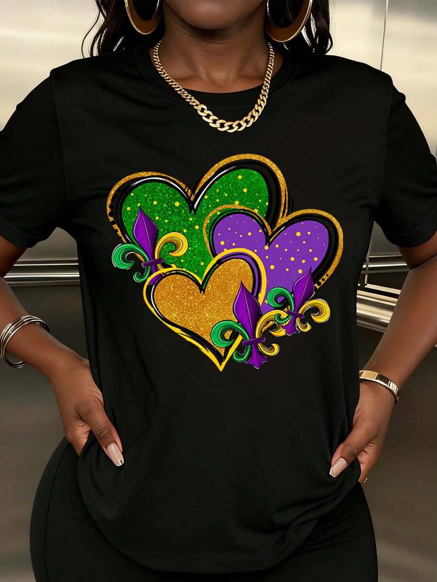Carnival Women Mardi Gras Heart Fleur De Lis Print T Shirt For Festival Party Celebration - màu đen - Xem 1