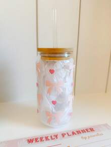 Pink Bow Matcha Coffee Glass Straw Cup, Iced Beverage Glass Straw Cup, Home Water Drinking Glass Cup, With Pink Bow Pattern Girly Glass Straw Cup - Multicolor - View 7