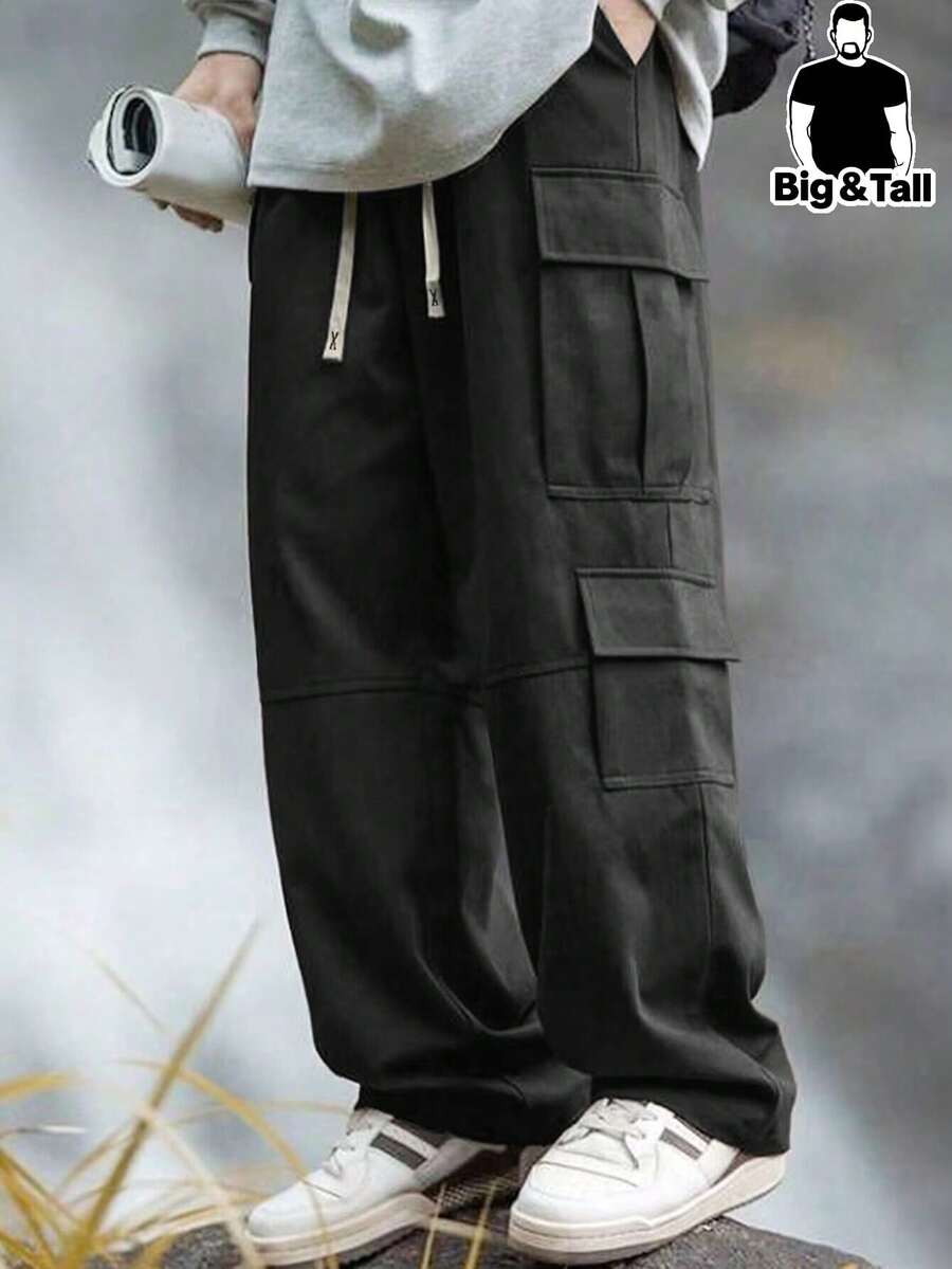 加大码男士宽松工装裤，带侧翻盖口袋 - 黑色 - 查看 1