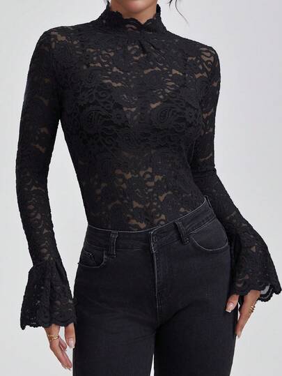 女士性感修身立领长袖蕾丝弹力上衣，适合冬季、圣诞节、束身衣、新年服装