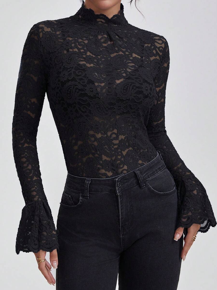 Áo ren dài tay cổ đứng ôm sát gợi cảm dành cho nữ, chất liệu co giãn, thích hợp cho mùa đông, Giáng sinh, áo corset, trang phục năm mới, màu đen, phong cách thường ngày, mùa xuân. - màu đen - Xem 1