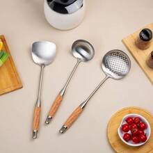 Skimmer Ladle 15.4inches Spatula For Wok 304 Stainless Steel Wok Spatula Wooden Handle - Walnut-spatula - View 2