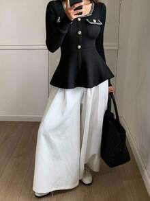Livesso 女士蕾丝拼接修身方领金属纽扣袖口喇叭下摆优雅长袖上衣，秋冬季女装娃娃衫 - 黑色 - 查看 3