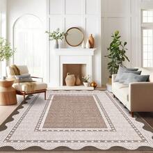 1PCS Room Decor Bordered Rug Scalloped Geometric Pattern Modern Washable Low Pile Area Rug For Living Room Bedroom Contemporary Non Slip Large Rug Low Pile Stain Resistant Carpet For Classroom Dining Room Runner For Hallway Kitchen Enterway - 紅棕色 - 查看 2