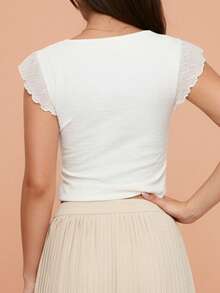 Women's Solid Color Cropped Square Neck Top With Bow Tie, Ruffle Cuffs, Flared Hem, And Slim Fit, Y2K Cute Style And French Elegant Style, Simple Versatile Design, Perfect For Everyday Outings, Street Style Photos, City Walks, Cafe Dates, Concerts, And Valentine's Day Outfits - 白色 - 查看 2
