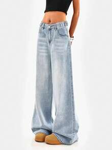 Teen Girls Loose Fit Light Blue Wide Leg Jeans, Retro Baggy Style
