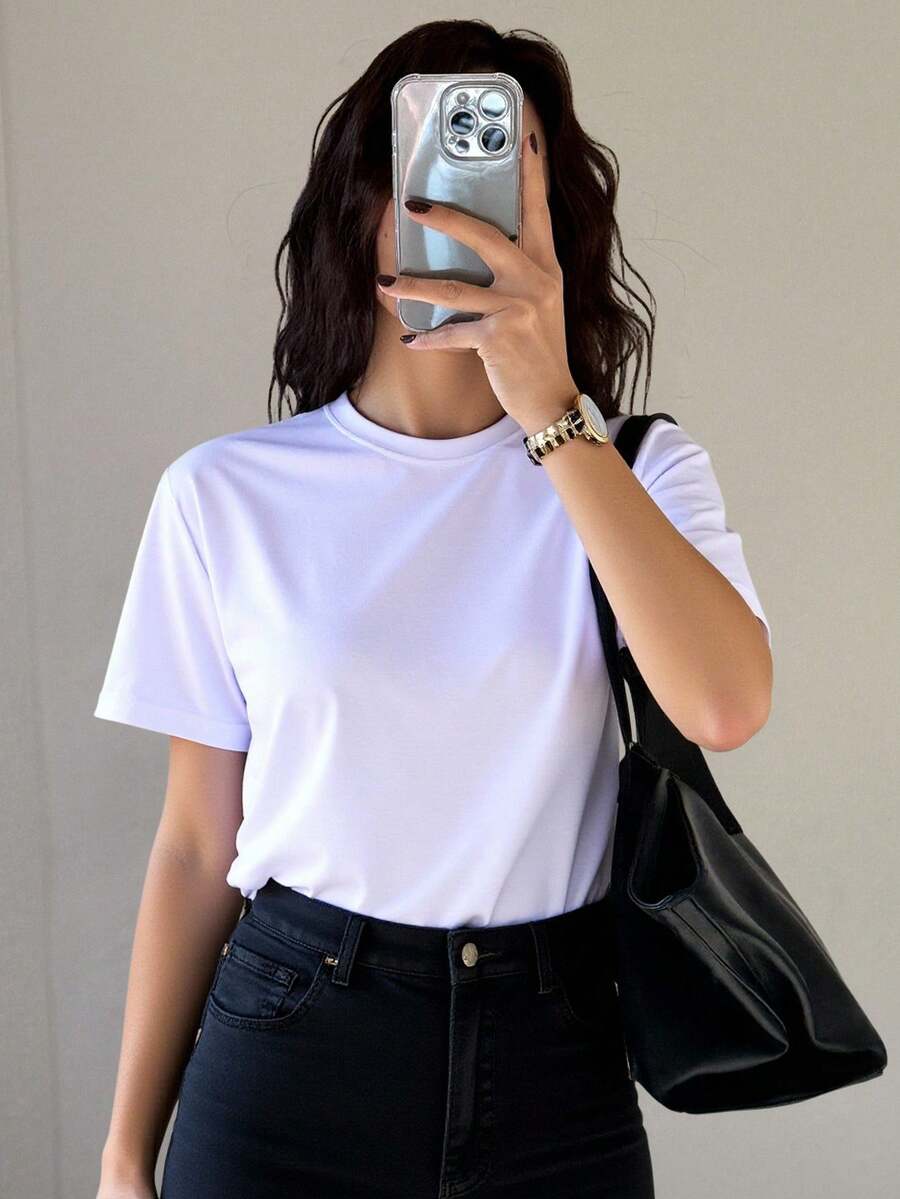 DAZY Solid Color Loose Fit Short Sleeves Base Women's T-Shirt With Round Neckline Summer - White - View 1