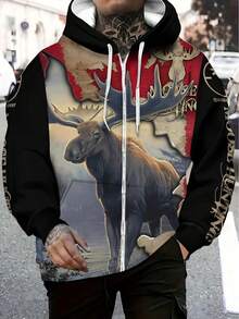 Men'S Moose Print Hoodie - Stylish Full-Zip Sweatshirt With Drawstring, Pockets & Durable Material, Unique Wildlife Design For Casual Outdoor Wear, Perfect Gift For Autumn & Winter, Outdoor Sportswear |   Moose Graphic Hoodie |   Durable Sportswear - 彩色 - 查看 6