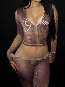 新款修身开衫上衣和高腰紧身印花裤套装，女士 - 彩色 - 查看 4