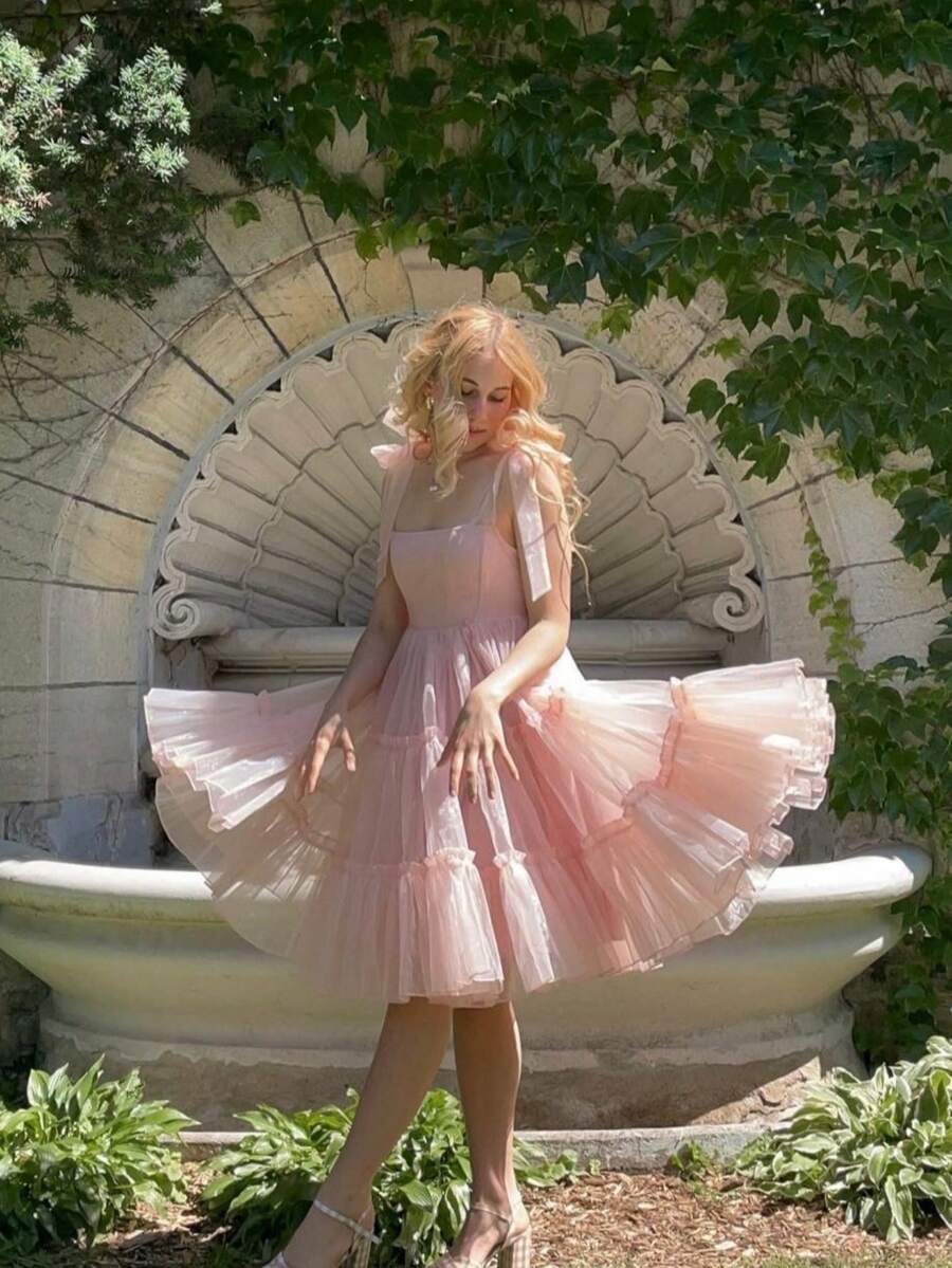 Long Tulle Dress,Spaghetti Strap Semi Formal Dresses For Women,Elegant Birthday Outfit Homecoming Cocktail - 粉色 - 查看 1