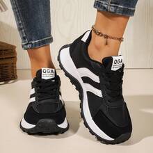 女士春秋季白色休闲运动鞋，低帮，轻便，防滑，耐磨，低跟，圆头，透气，系带，适合户外活动 - 黑色 - 查看 5