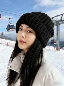 1pc Women's Knitted Beanie Hat, Thick Warm Casual Slouchy Hats, Versatile Solid Color Beanies For Autumn/Winter