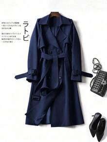 女士百搭优雅秋冬风衣，时尚通勤休闲长款风衣，英伦风中长款外套 - 藏蓝色 - 查看 5