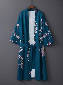European & American Retro Spring/Summer Commuting Floral Print Mid-Length Cover Up Outwear, Sexy Belted Kimono Robe