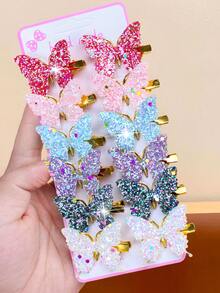 12个/套水钻渐变蝴蝶发夹，绚丽的渐变色搭配闪亮亮片，在灯光下熠熠生辉。金色夹子设计，精致小巧——适合女孩和女士佩戴，日常必备，无论休闲还是派对，都能让你成为焦点。发饰，头饰，发夹 - 彩色 - 查看 4